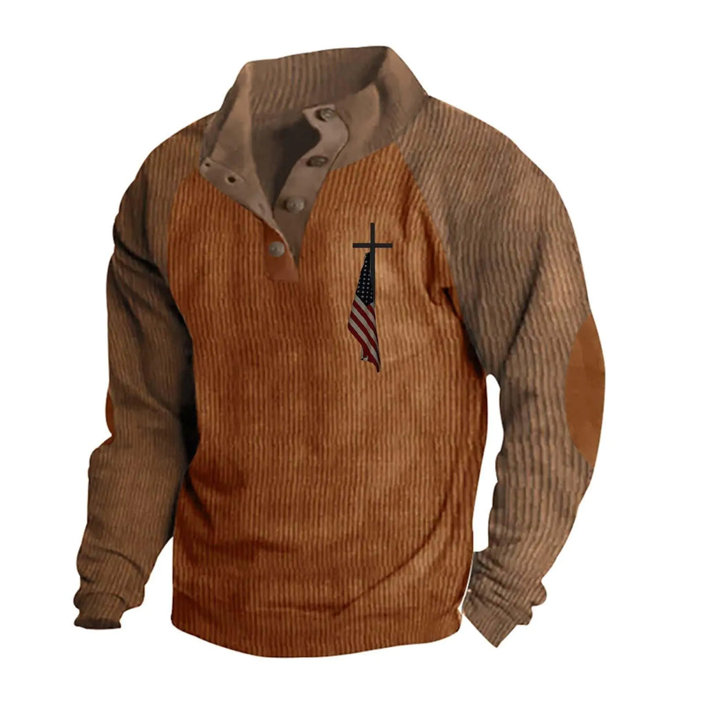 Men's Vintage American Flag Cross Shirt - Christian Patriotic Long Sleeve Sweatshirt