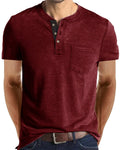 Fashion Mens Henley Shirts Classic Short Sleeve Basic Button Cotton T-Shirt with Pocket Red