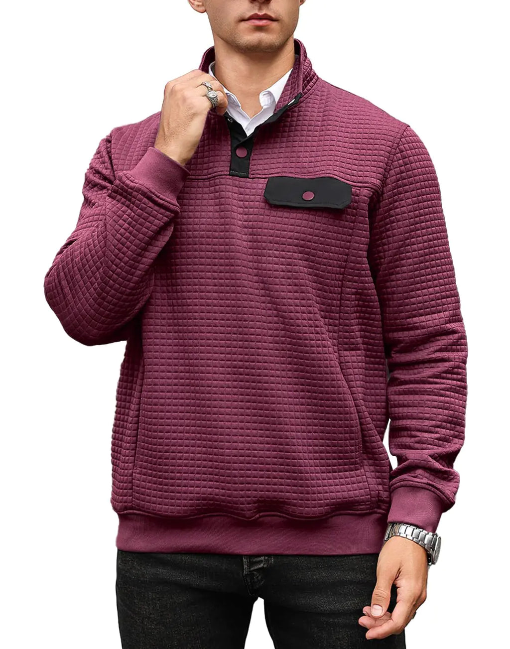 Wizoat Mens Quilted Sweatshirt Casual Waffle Stand Collar Button Pullover Sweatshirts Red