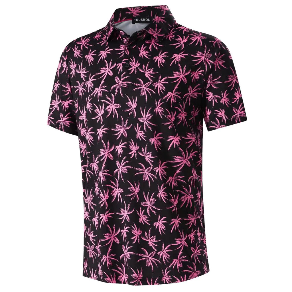 Mens Golf Shirts Dry Fit Short Sleeve Print Moisture Wicking Casual Polo Shirt Pink Palm