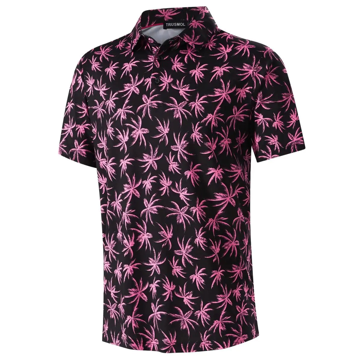 Mens Golf Shirts Dry Fit Short Sleeve Print Moisture Wicking Casual Polo Shirt Pink Palm