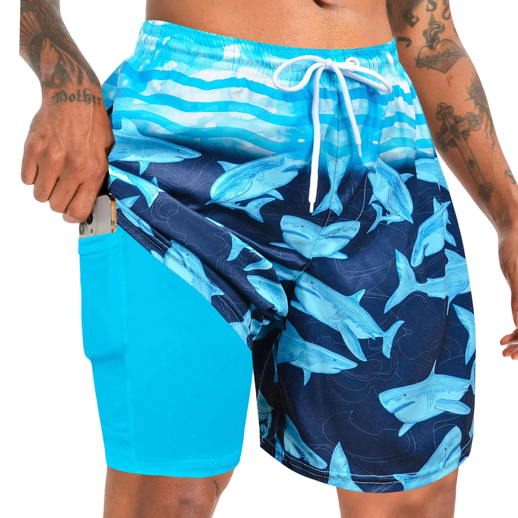 Mens Swim Trunks with Compression Liner 7" Mens Shark Bathing Suit Quick Dry Beach Board Shorts with Zipper Pockets