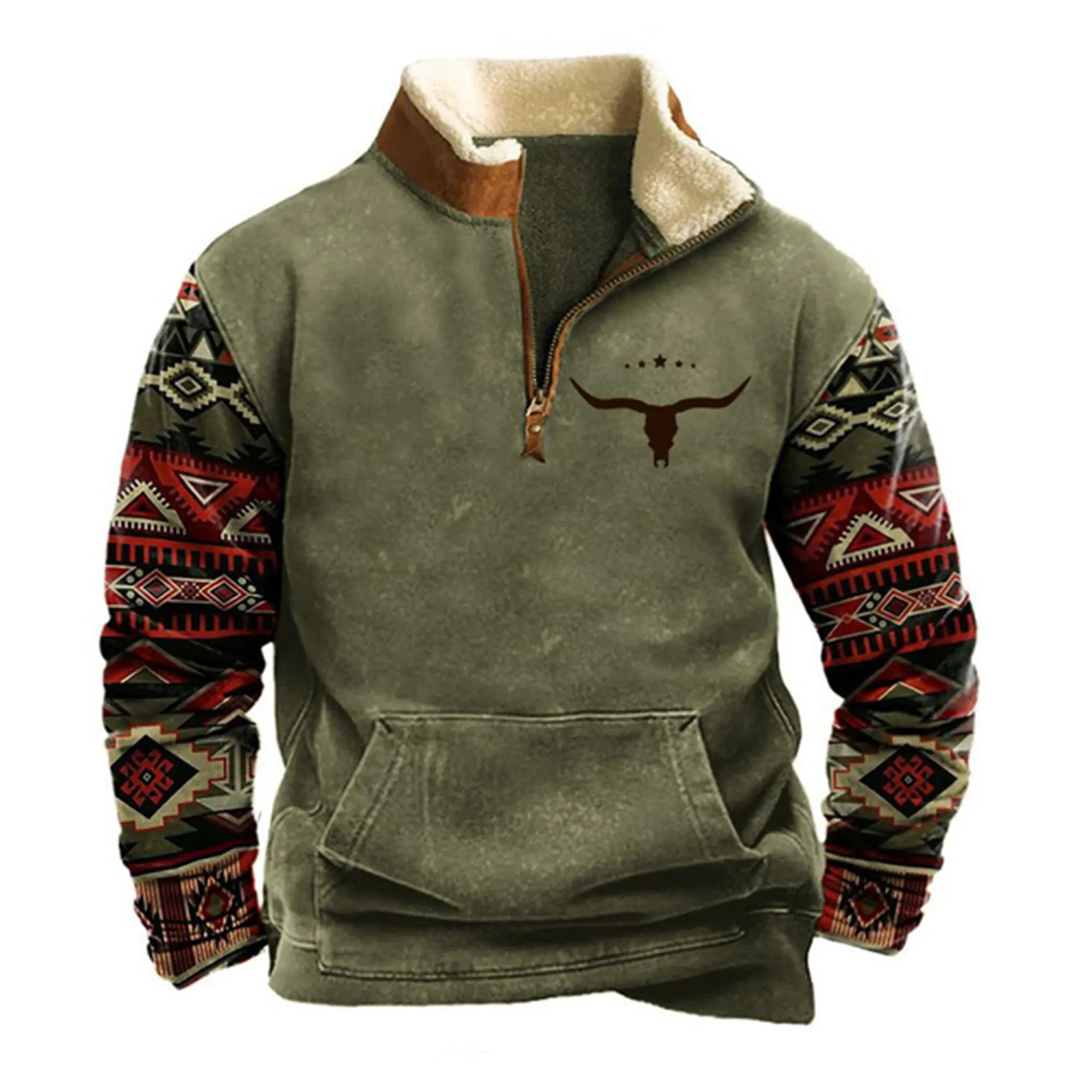 DMOYALA Mens Aztec Western Fleece Jacket Cowboy Bull Head Print Pullover 1/4 Zip Long Sleeve Trendy Country Sweatshirts mens fleece jacket aztec-0b L