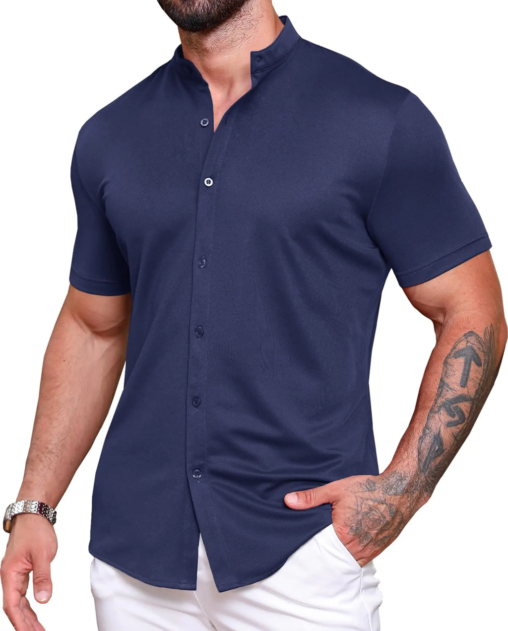URRU Mens Muscle Dress Shirts Slim Fit Stretch Banded Collar Short Sleeve Wrinkle Free Casual Button Down Shirts Navy Blue XL