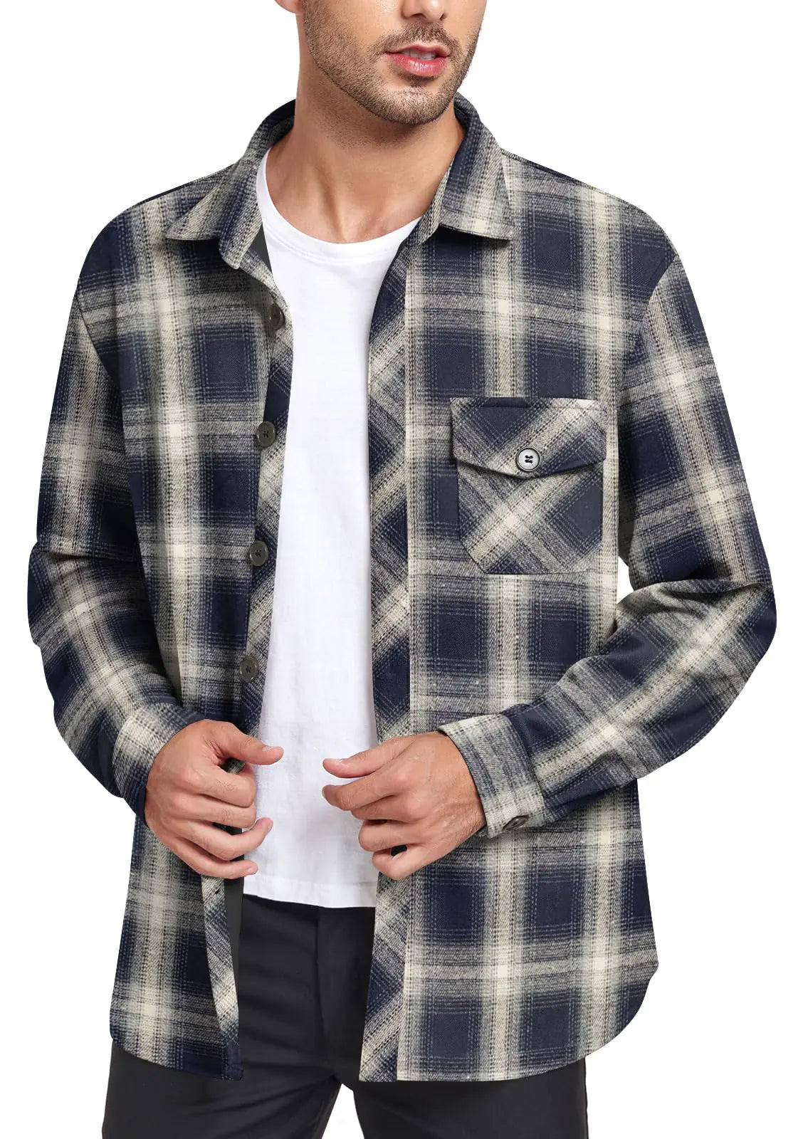Bestbee Plaid Shirts for Men Business Casual Button Down Shirt Long Sleeve Flannel Jacket Regular Fit M Blue-White Plaid