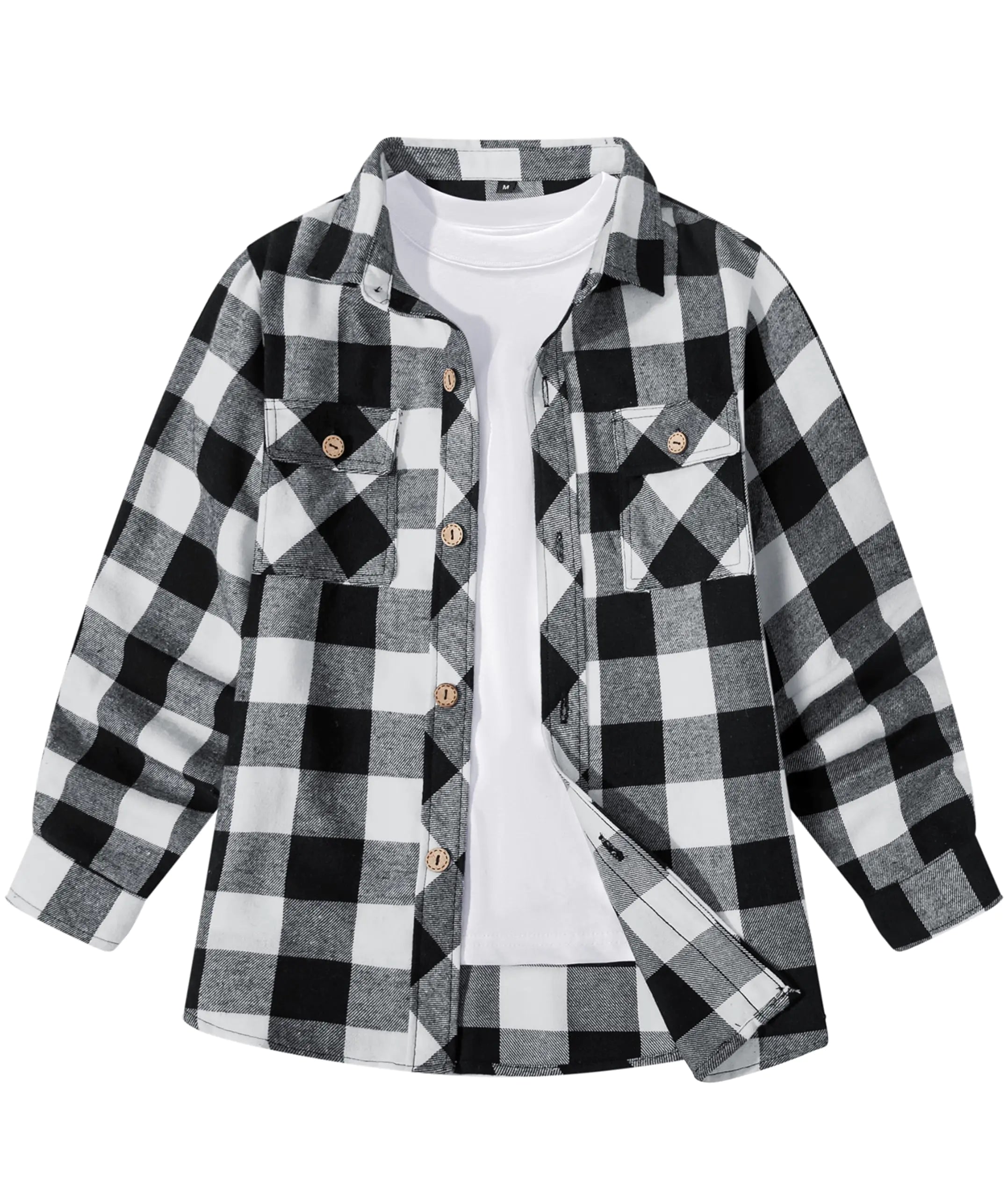 Boys Plaid Flannel Shirts Long Sleeve Casual Button Down Shirts Collared Fall Clothes(WHB-XL) White Black
