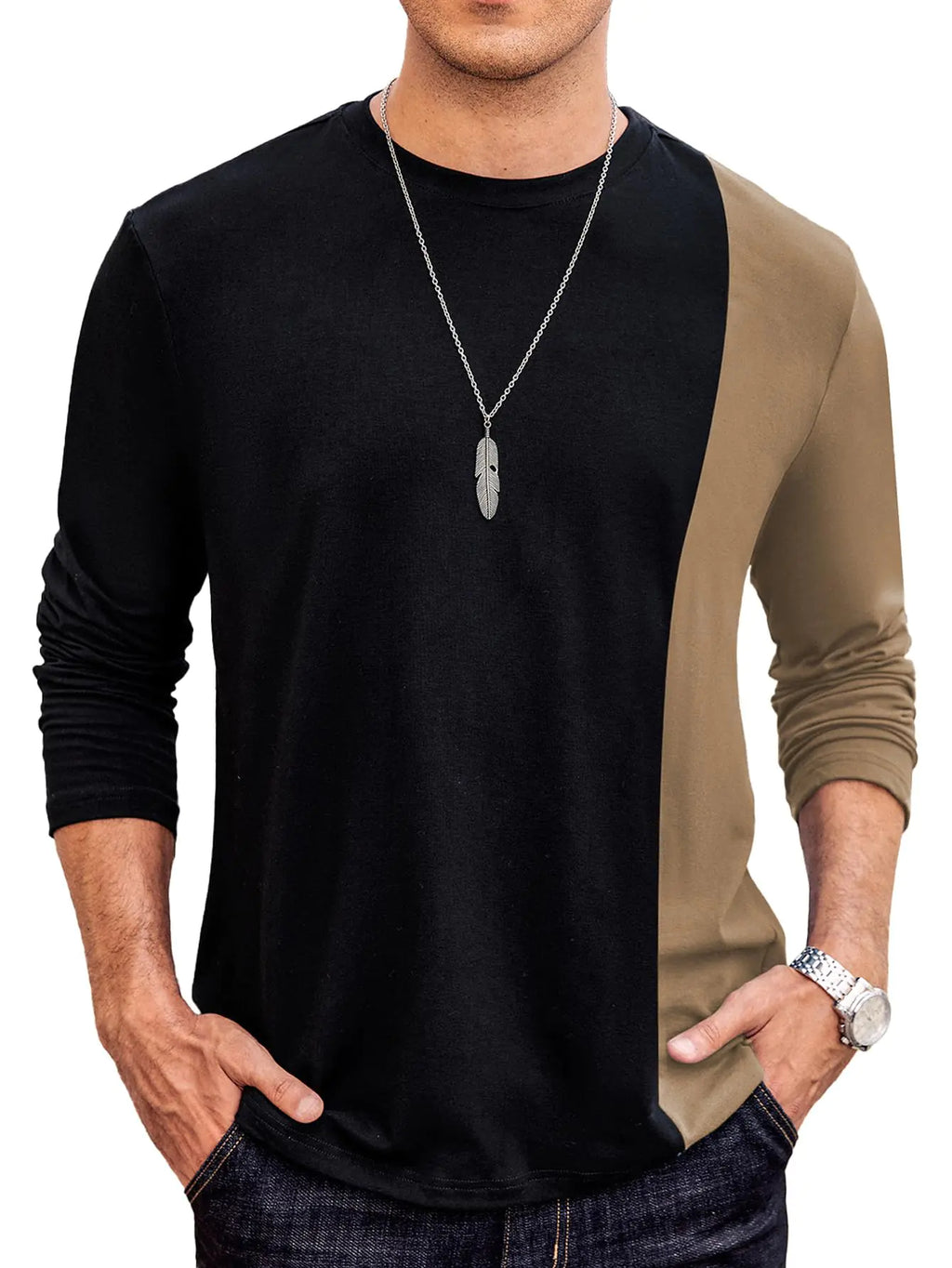 Hardaddy Mens Casual Contrast Color T-Shirts Long Sleeve Crew Neck Tee Top Colorblock Shirts Khaki S